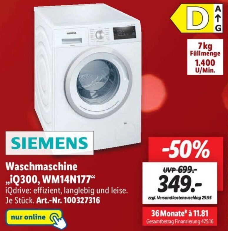 Siemens Waschmaschine iQ300, WM14N177 Angebot bei Lidl