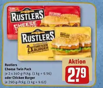 REWE Rustlers cheese twin pack oder chicken burger Angebot