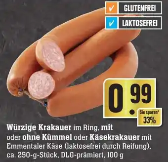 Edeka Neukauf Würziger Krakauer im Ring, mit oder ohne Kümmel oder Käsekrakauer 100 g Angebot