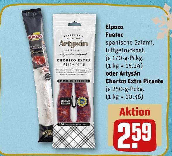 Elpozo fuetec oder artysán chorizo extra picante Angebot bei REWE