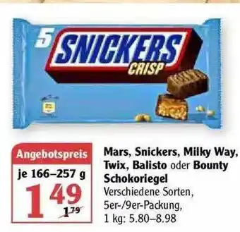 Globus Mars Snickers Milky Way Twix Balisto Oder Bounty Schokoriegel Angebot