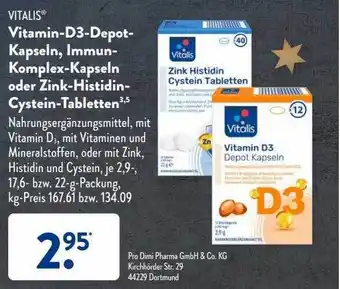 Aldi Süd Vitalis vitamin-d3-depot-kapseln, immun-komplex-kapseln oder zink-histidin-cystein-tabletten Angebot