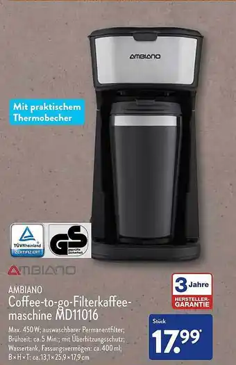 Aldi Nord Ambiano coffee-to-go-filterkaffeemaschine md11016 Angebot