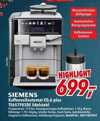 dodenhof Siemens kaffeevollautomat eq.6 plus te657fo3de edelstahl Angebot