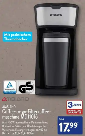 Aldi Nord Ambiano Coffee to go Filterkaffeemaschine MD11016 Angebot