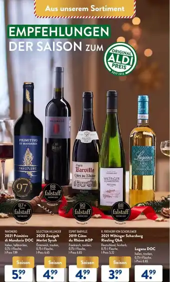 Aldi Süd Pavonero 2021 primitivo di manduria doc, selection hillinger 2020 zweigelt merlot syrah, esprit barville 2019 côtes du rhône Angebot