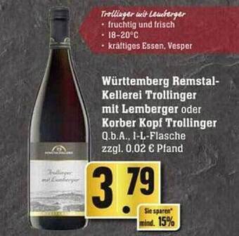 Edeka Württemberg remstalkellerei trollinger mit lemberger oder korber kopf trollinger Angebot