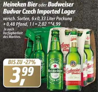 Simmel Heineken Bier oder Budweiser Budvar Czech Imported Lager 6x0,33 Liter Packung Angebot