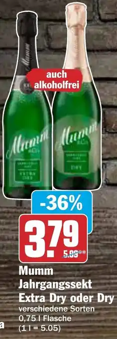 AEZ Mumm Jahrgangssekt Extra Dry oder Dry 0,75 L Flasche Angebot