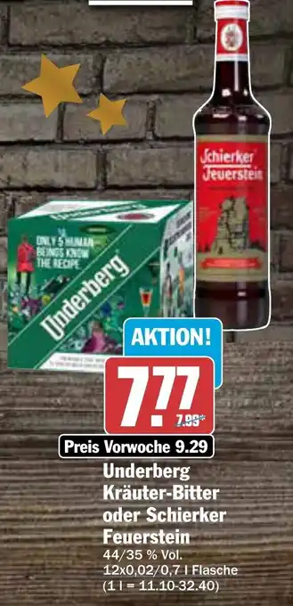 AEZ Underberg Kräuter Bitter oder Schierker Feuerstein 12x0,02/0,7 L Flasche Angebot