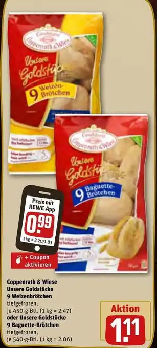 REWE Coppenrath & Wiese Unsere Goldstücke 9 Weizenbrötchen 450g oder Unsere Goldstücke 9 Baguette Brötchen 540 g Btl. Angebot