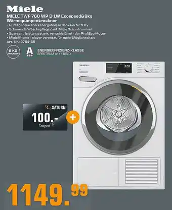 Saturn Miele twf 760 wp d lw ecospeed&8kg wärmepumpentrockner Angebot