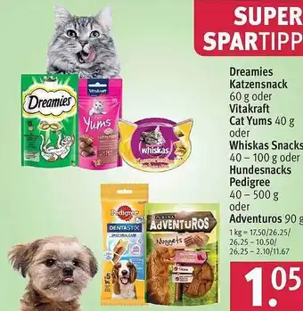 Rossmann Dreamies katzensnack oder vitakraft cat yums oder whiskas snacks oder hundesnacks pedigree oder adventuros Angebot