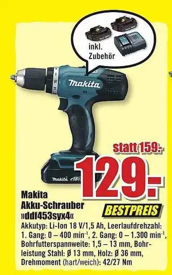 B1 Discount Baumarkt Makita akku-schrauber ddf453syx4 Angebot