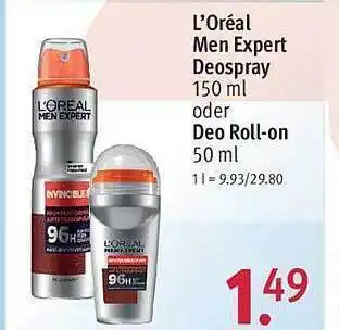 Rossmann L'oréal men expert deospray oder roll-on Angebot