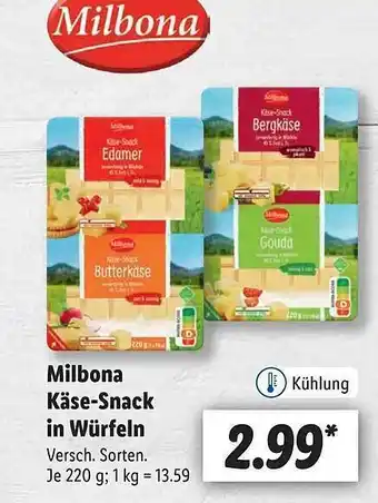 Lidl Milbona käse-snack in würfeln Angebot