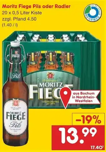 Netto Marken-Discount Moritz Fiege Pils oder Radler 20x0,5 Liter Kiste Angebot