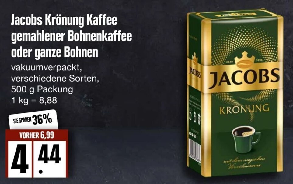 Jacobs Krönung Kaffee gemahlener Bohnenkaffee oder ganze Bohnen 500 g Packung Angebot bei Edeka