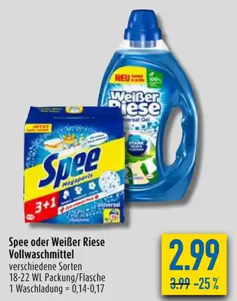 diska Spee oder Weißer Riese Vollwaschmittel 18-22 WL Packung/Flasche Angebot