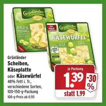 Wasgau Grünländer Scheiben, Käseplatte oder Käsewürfel 100-150g Angebot