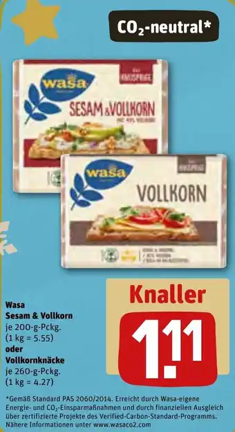 REWE Wasa Sesam & Vollkorn 200 g Pckg. oder Vollkornknäcke 260 g Pckg. Angebot