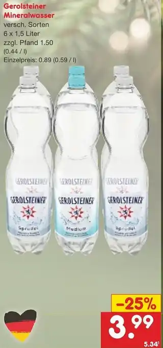 Netto Getränke Discount Gerolsteiner Mineralwasser 6x1,5 Liter Angebot