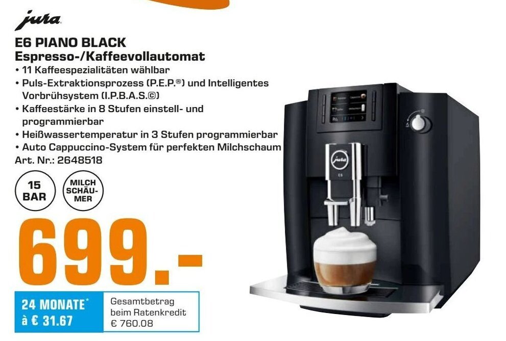 jura E6 Piano Black Espresso/Kaffeevollautomat Angebot bei Saturn