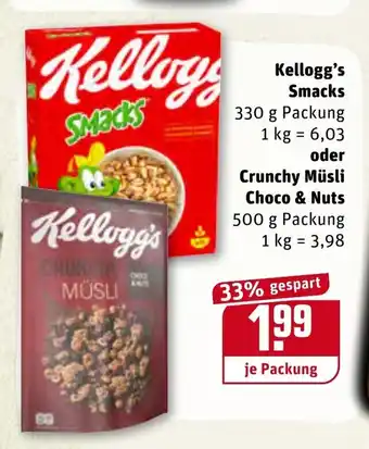 REWE Kellogg's Smacks 330g oder Crunchy Müsli Choco & Nuts 500g Angebot