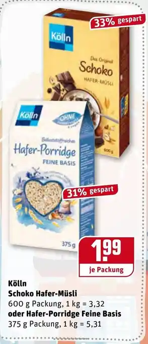 REWE Kölln Schoko Hafer Müsli 600g oder Hafer Porridge Feine Basis 375g Angebot