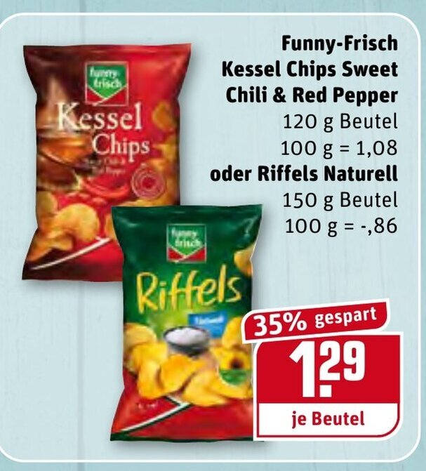 Funny Frisch Kessel Chips Sweet Chili & Red Pepper 120g oder Riffels