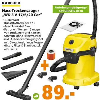 Globus Baumarkt Kärcher Nass Trockensauger WD 3 V-17/6/20 Car Angebot