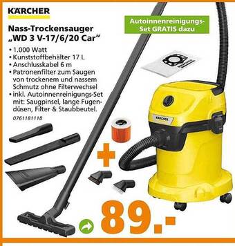 Globus Baumarkt Kärcher nass-trockensauger „wd 3 v-17-6-20 car“ Angebot