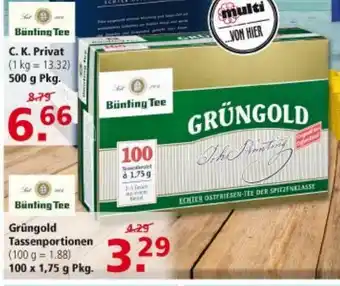 Multi Markt Bünting Tee Grüngold Tassenportionen 100x1,75g Angebot