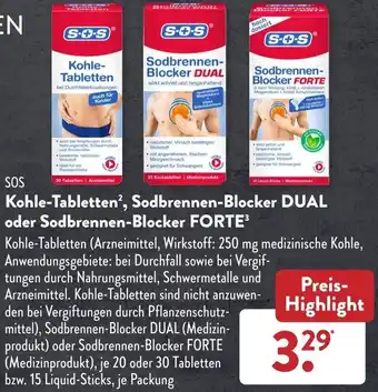 Aldi Süd SOS Kohle Tabletten, Sodbrennen Blocker Dual oder Sodbrennen Blocker Forte Angebot