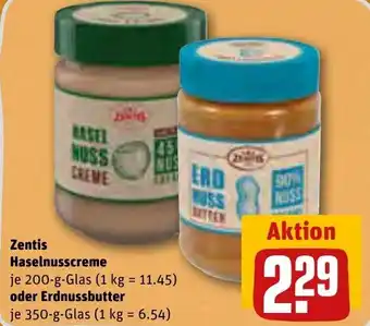 REWE Zentis Haselnusscreme 200 g Glas oder Erdnussbutter 350 g Glas Angebot