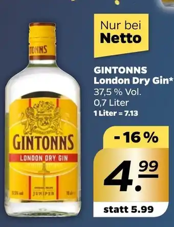 NETTO Gintons London Dry Gin* 0,7 liter Angebot