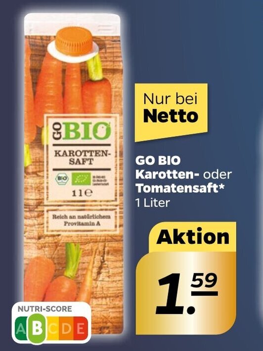 Go Bio Karotten oder Tomatensaft 1 Liter Angebot bei NETTO