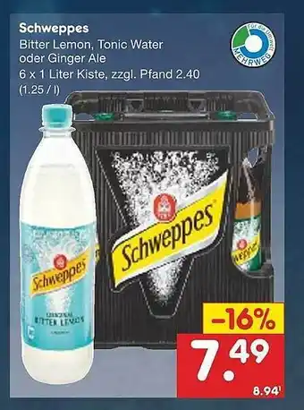 Netto Marken-Discount Schweppes bitter lemon, tonic water oder ginger ale Angebot