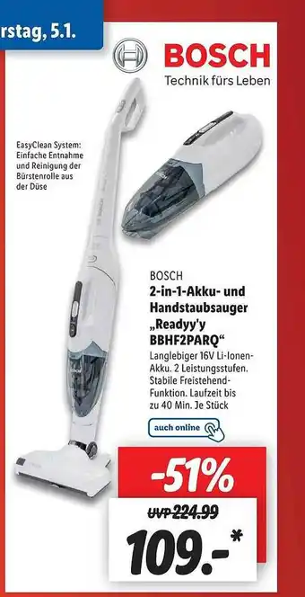 Lidl Bosch 2-in-1-akku- und handstaubsauger „readyy'y bbhf2parq“ Angebot