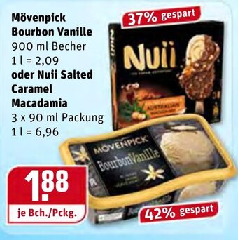 REWE Mövenpick Bourbon Vanille 900ml Becher oder Nuii Salted Caramel Macademia 3x90ml Angebot