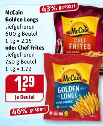 REWE McCain Golden Longs 600g Beutel oder Chef Frites 750g Beutel Angebot