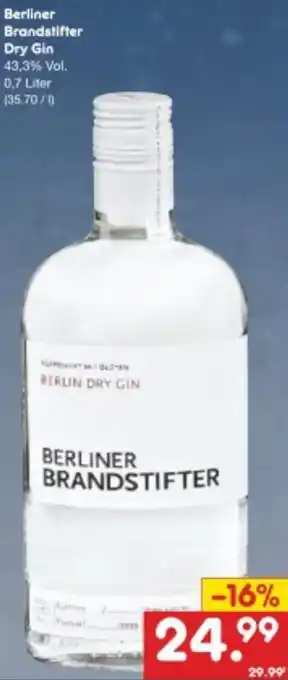 Netto Marken-Discount Berliner Brandstifter Dry Gin 0,7 Liter Angebot