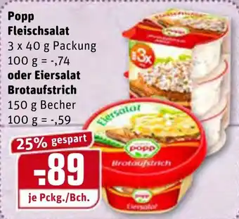 REWE Popp Fleischsalat 3x40g oder Eiersalat Brotaufstrich 150g Becher Angebot