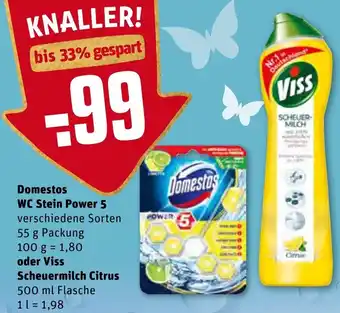 REWE Domestos WC Stein Power 5 55g oder Viss Scheuermilch Citrus 500ml Angebot