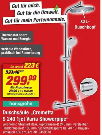 toom Baumarkt Hansgrohe Duschsäule ,,Crometta S 240 1jet Varia Showerpipe" Angebot