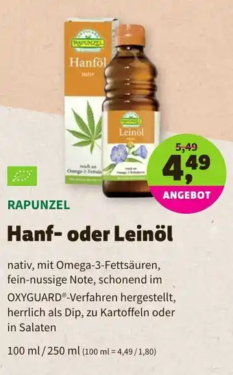 Biomarkt Rapunzel Hanf oder Leinöl 100/250ml Angebot