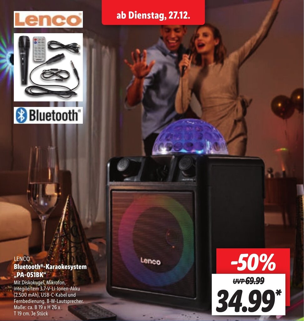 Lenco Bluetooth Karaokesystem PA051BK Angebot bei Lidl