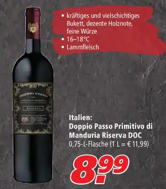 Marktkauf Italien: Doppio Passo Primitivo di Manduria Riserva DOC 0,75L Angebot