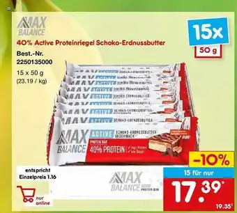 Netto Marken-Discount Max balance 40% active proteinriegel schoko-erdnussbutter Angebot