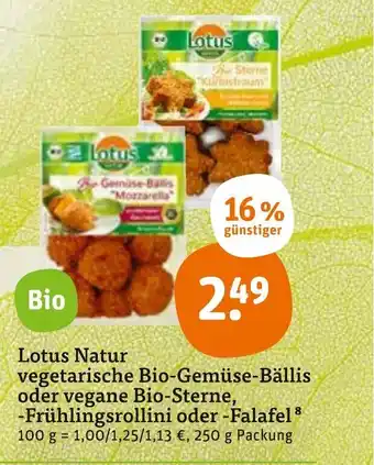 tegut Lotus Natur vegetarische Bio Gemüse Bällis oder vegane Bio Sterne Frühlingsrollini oder Falafel 250g Angebot